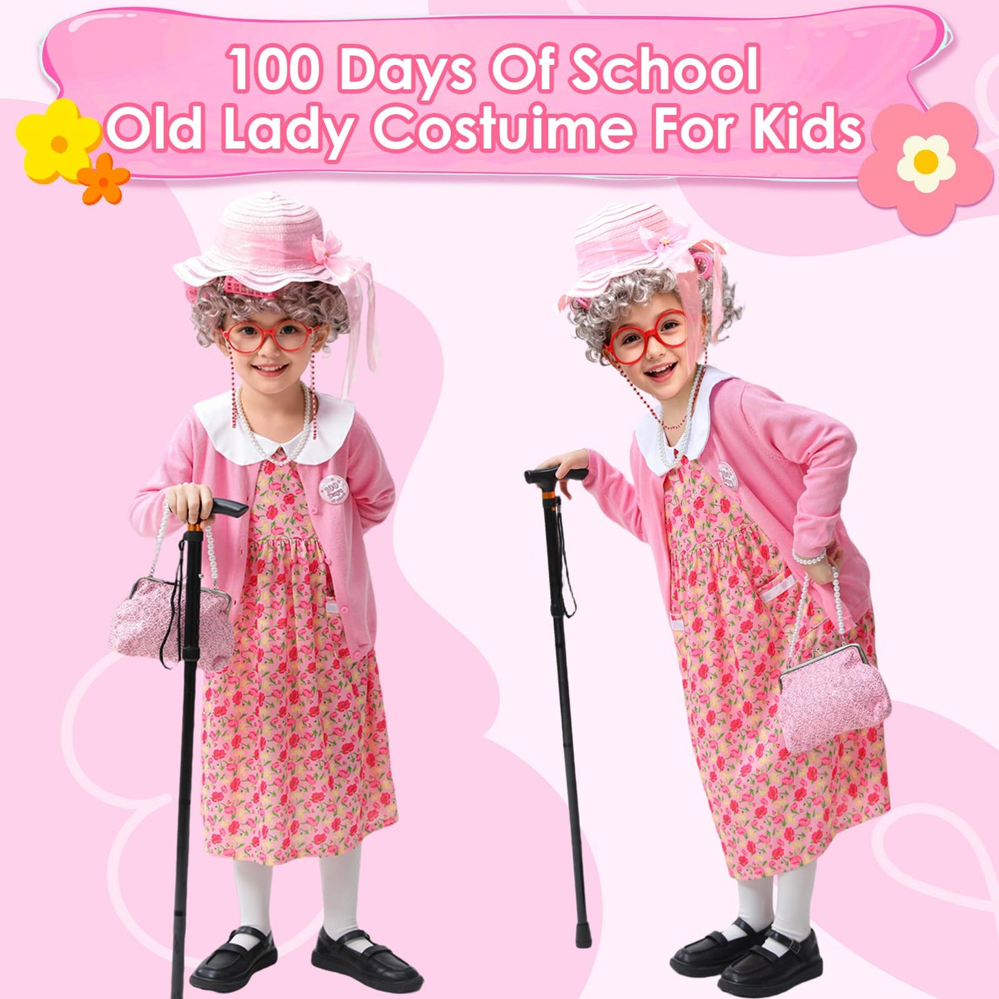 ZelJoyla 100 Days of School Old Lady Costume for Girls - 13-Piece Granny Dress-Up Set