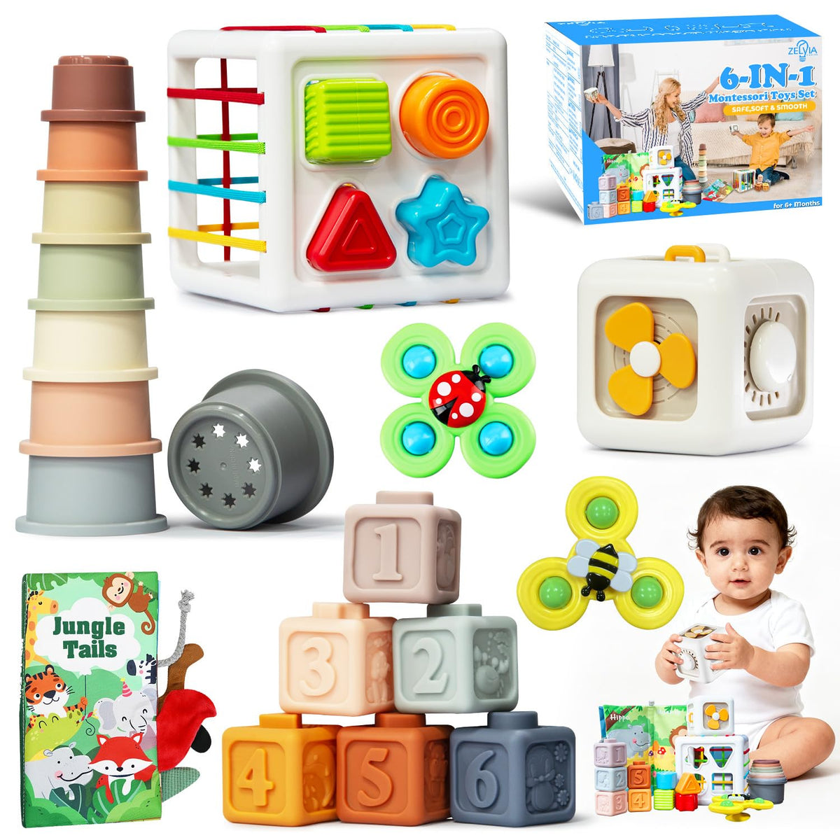 Zelvia 6-in-1 Montessori Baby Toys for 6–36 Months | Busy Cube, Stacking Cups & More