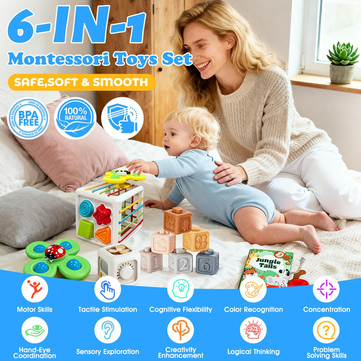 Zelvia 6-in-1 Montessori Baby Toys for 6–36 Months | Busy Cube, Stacking Cups & More