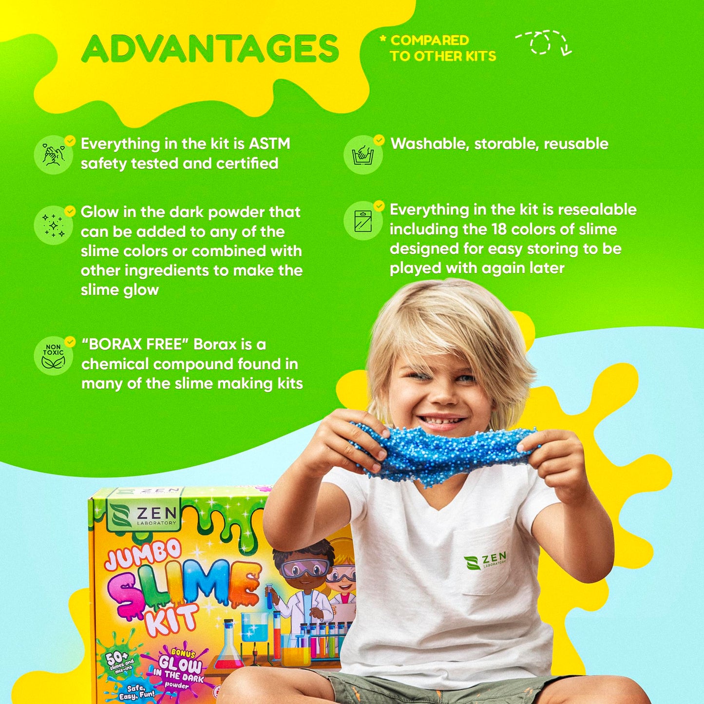 Zen Laboratory Ultimate Slime Kit for Kids 7-12 | DIY Slime Making Kit for Girls & Boys | Glitter, Glow & 50+ Supplies