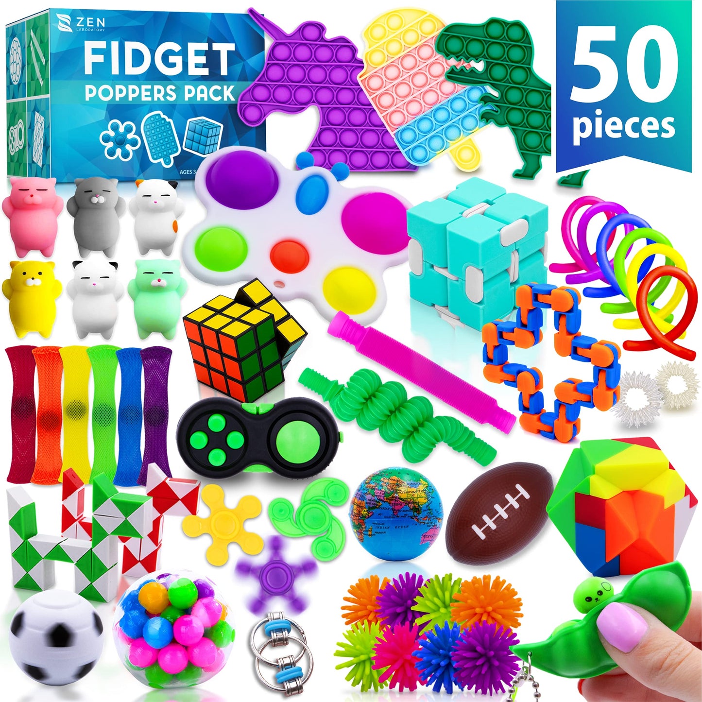 Zen Laboratory Fidget Poppers Pack – 50 Pcs Sensory Toys for Kids 8-12