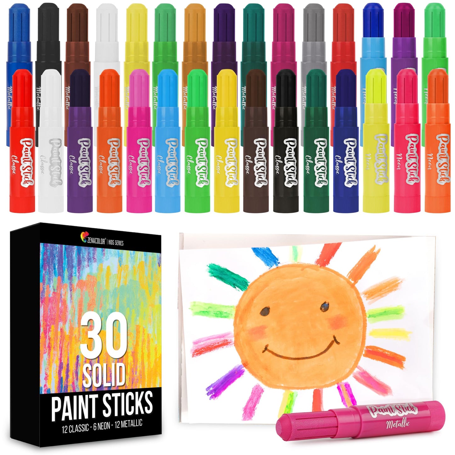 Zenacolor Tempera Paint Sticks for Kids – 30-Color Mess-Free, Washable Set