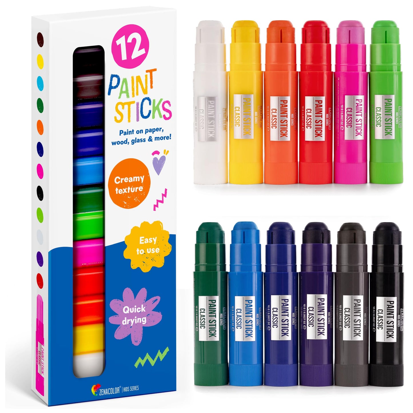 Zenacolor Tempera Paint Sticks – 12 Colors, Non-Toxic & Washable, Quick-Dry, Mess-Free Kids Art