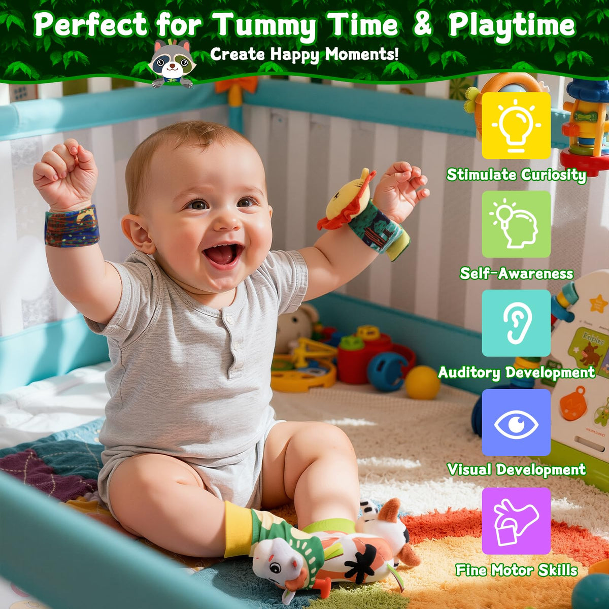Zendstanding Baby Rattle Toys Set – Wrist Rattles, Sock Rattles & Plush Rings