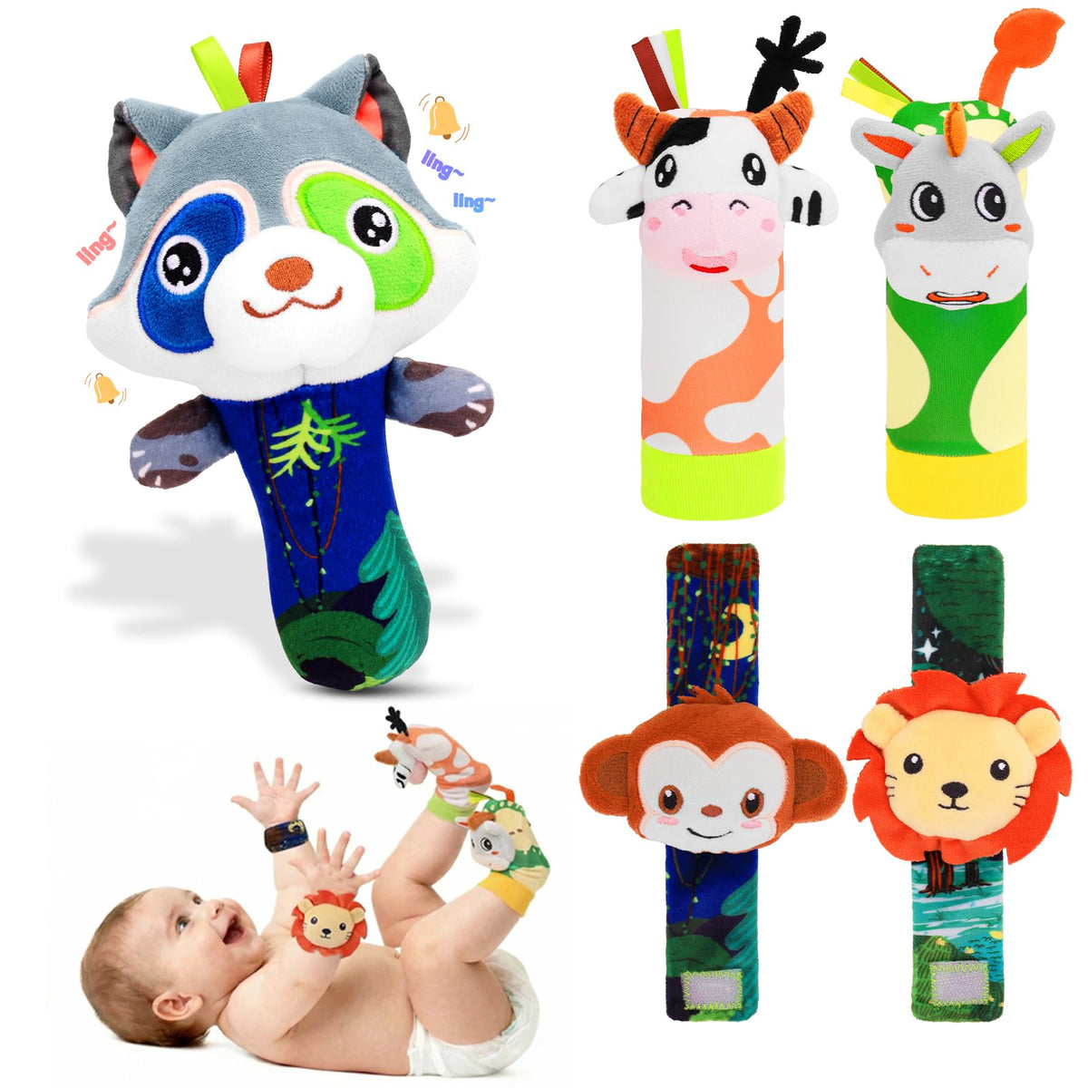 Zendstanding Baby Rattle Toys Set – Wrist Rattles, Sock Rattles & Plush Rings