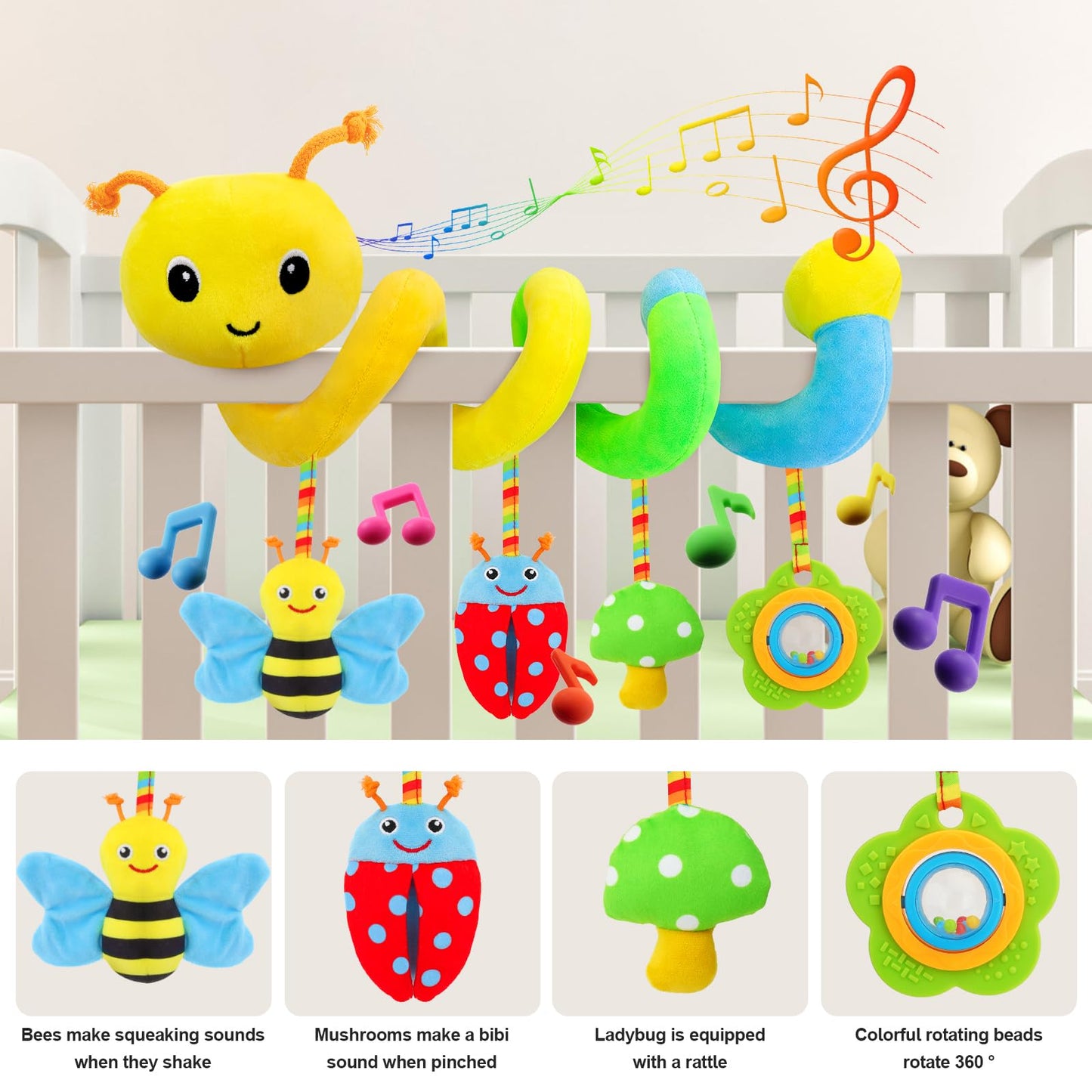 Zendstanding Car Seat Toys for Babies 0-6 Months | Spiral Plush Activity Toy