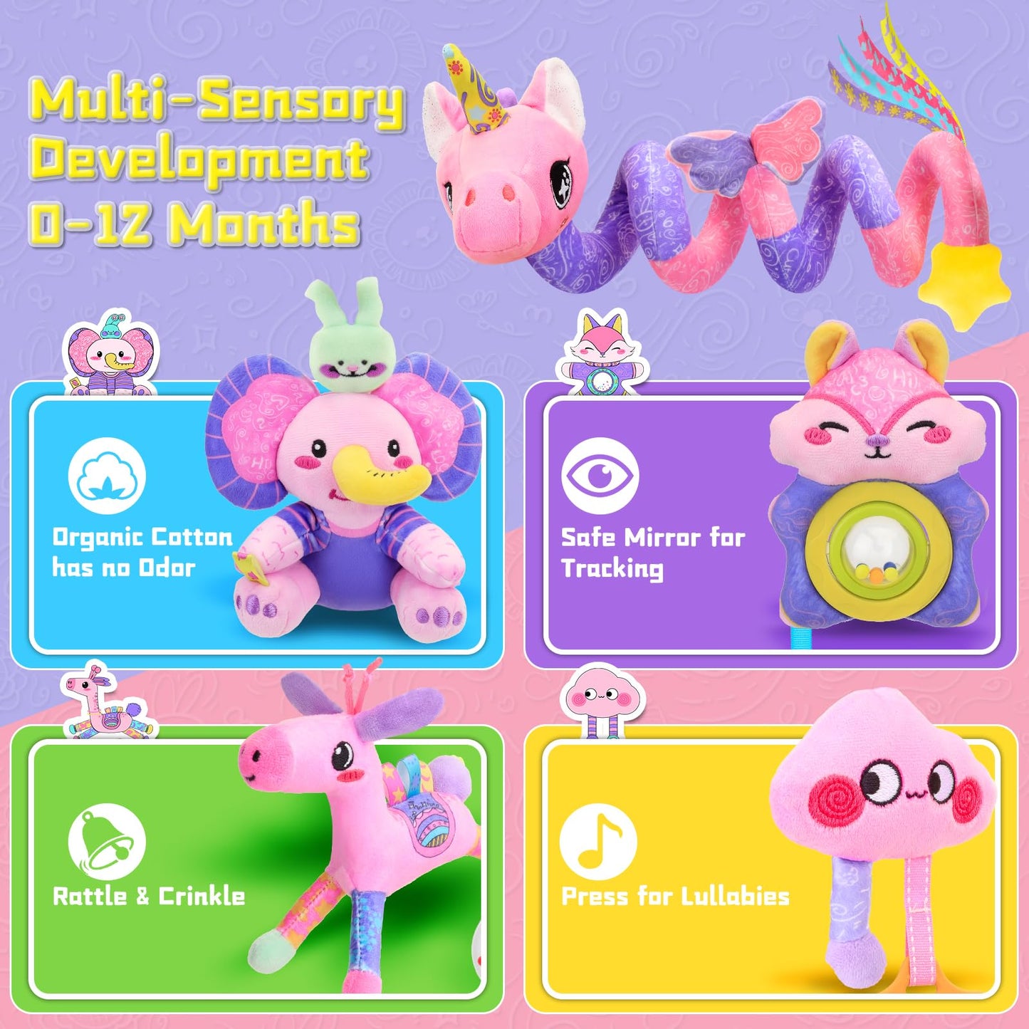 Zendstanding Musical Unicorn Car Seat Toy – 5-in-1 Sensory Baby Toy (0-12 Months)