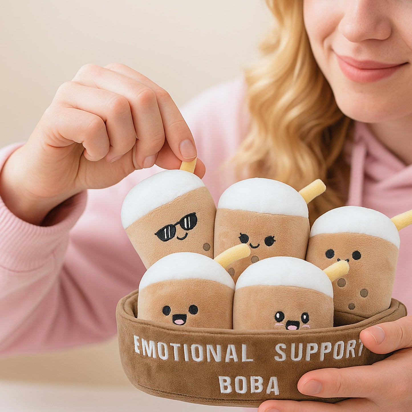 ZENLIV Emotional Support Boba Plush – 5 Cute Squishy Toys with Carrying Basket