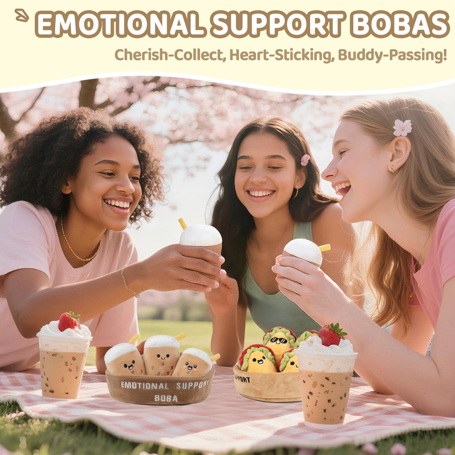 ZENLIV Emotional Support Boba Plush – 5 Cute Squishy Toys with Carrying Basket