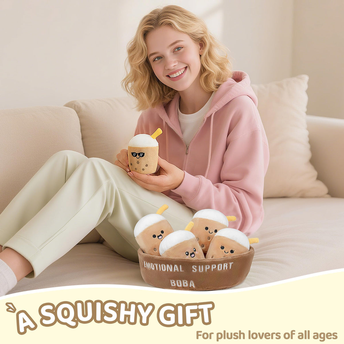 ZENLIV Emotional Support Boba Plush – 5 Cute Squishy Toys with Carrying Basket
