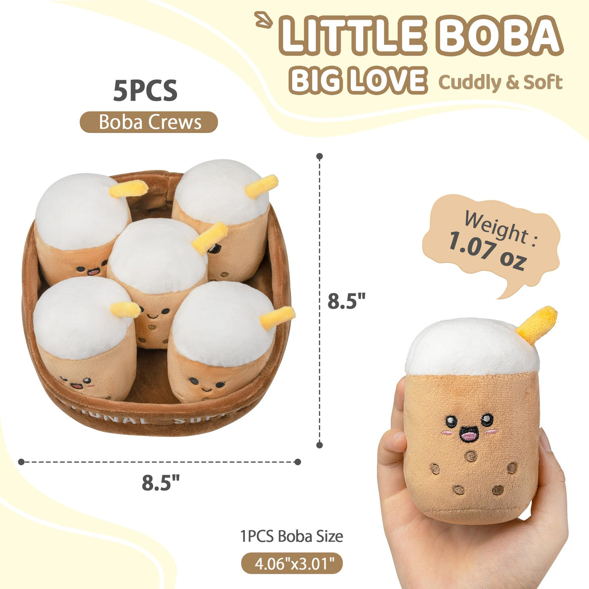 ZENLIV Emotional Support Boba Plush – 5 Cute Squishy Toys with Carrying Basket