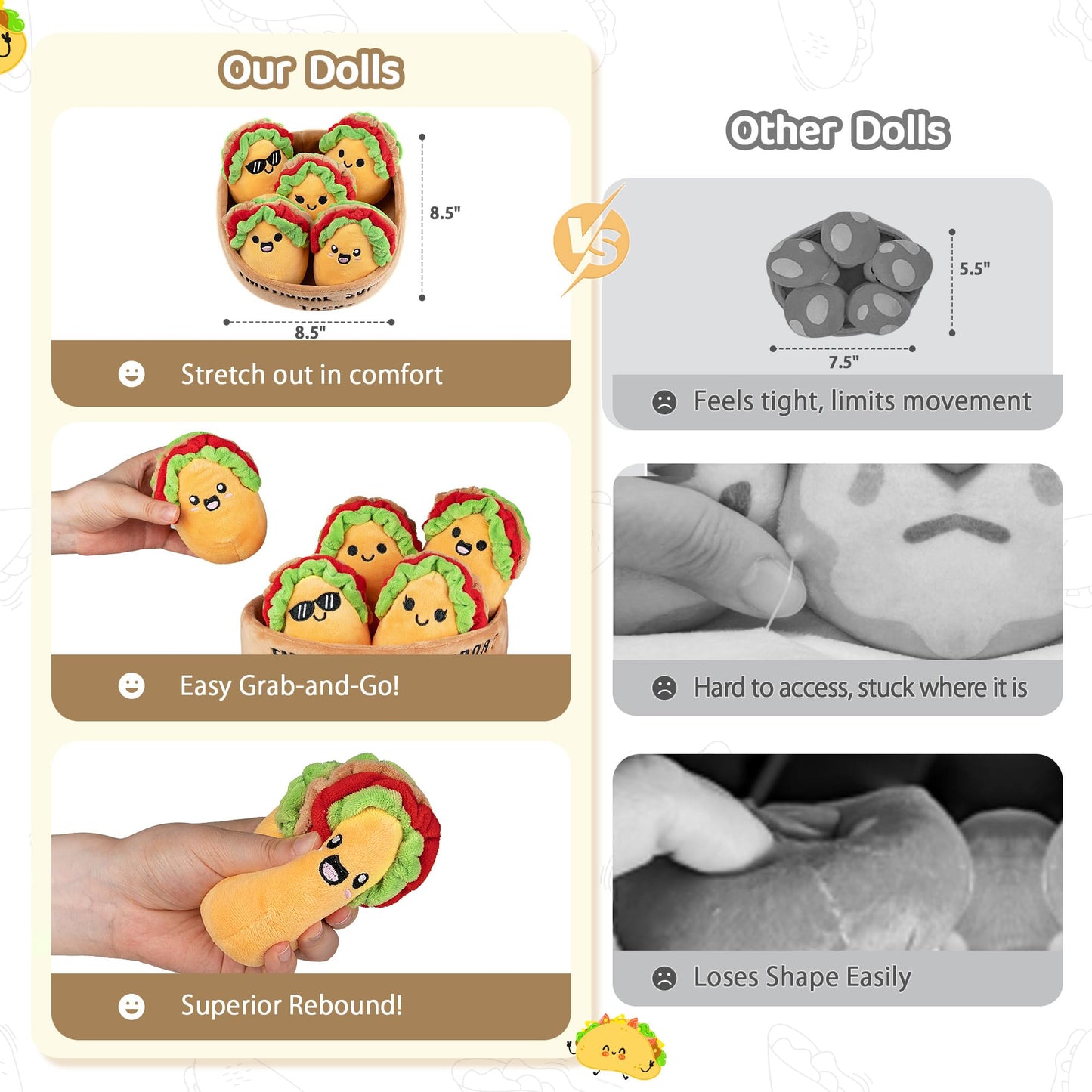 ZENLIV Emotional Support Taco Plush – 5 Soft Tacos with Carry Basket | Cute, Cozy Comfort for Home & Travel