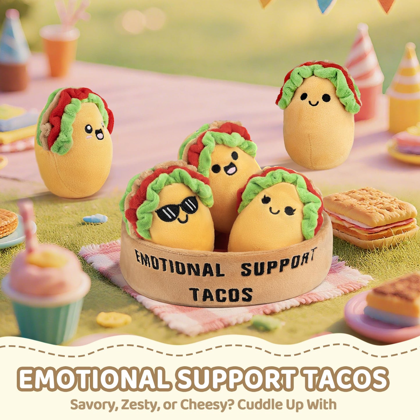 ZENLIV Emotional Support Taco Plush – 5 Soft Tacos with Carry Basket | Cute, Cozy Comfort for Home & Travel
