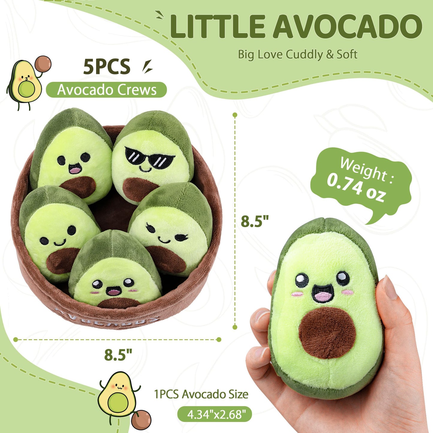 ZENLIV Emotional Support Avocados Plush – 5 Soft Pals with Carrying Basket