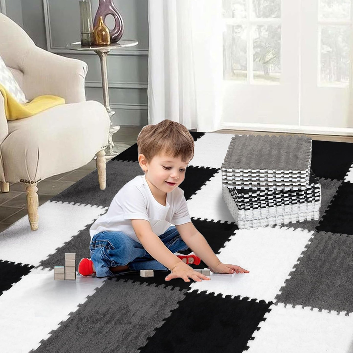 ZENOWICK 36 Pcs Plush Interlocking Carpet Tiles – Non-Toxic EVA Foam, Anti-Slip for Nursery & Playroom
