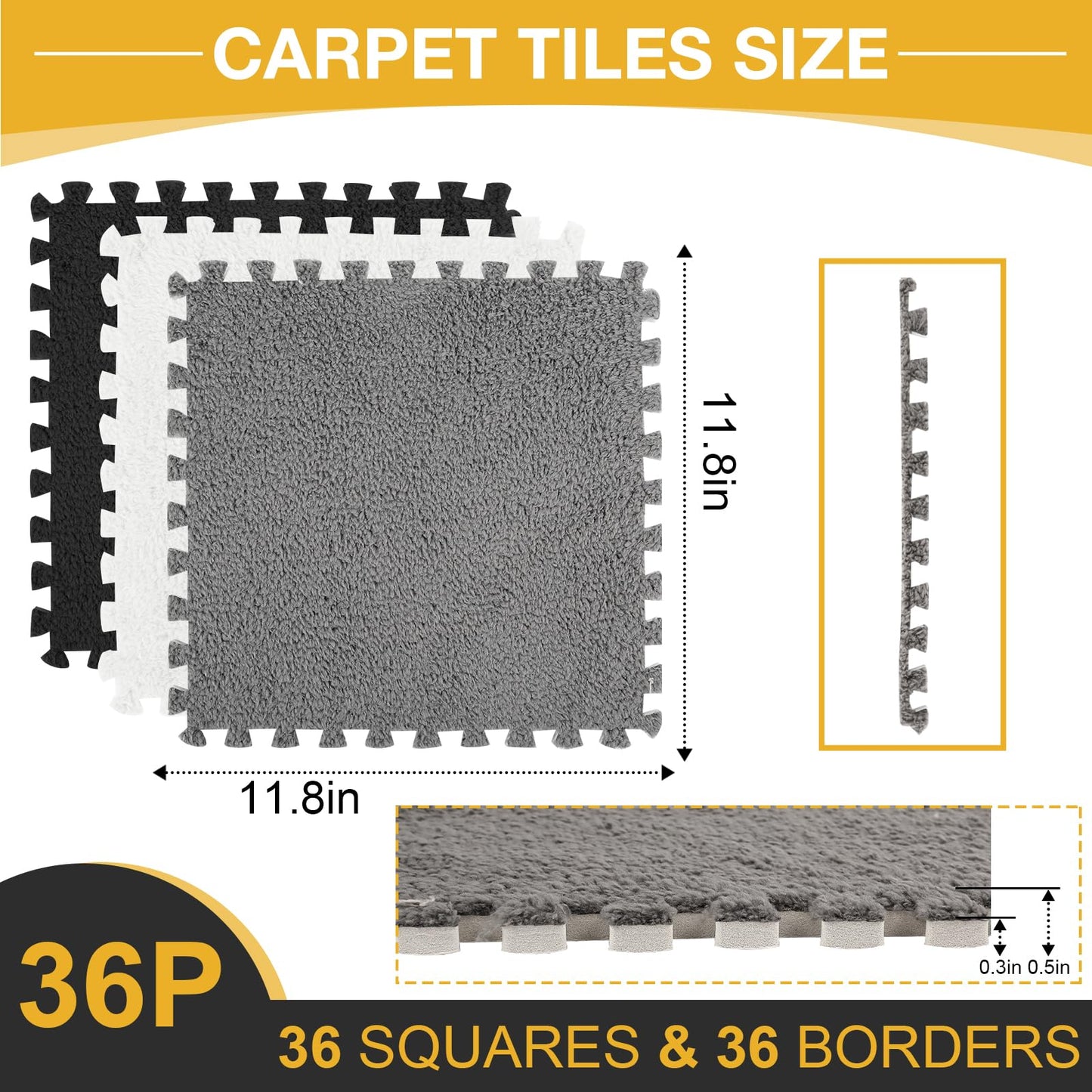ZENOWICK 36 Pcs Plush Interlocking Carpet Tiles – Non-Toxic EVA Foam, Anti-Slip for Nursery & Playroom