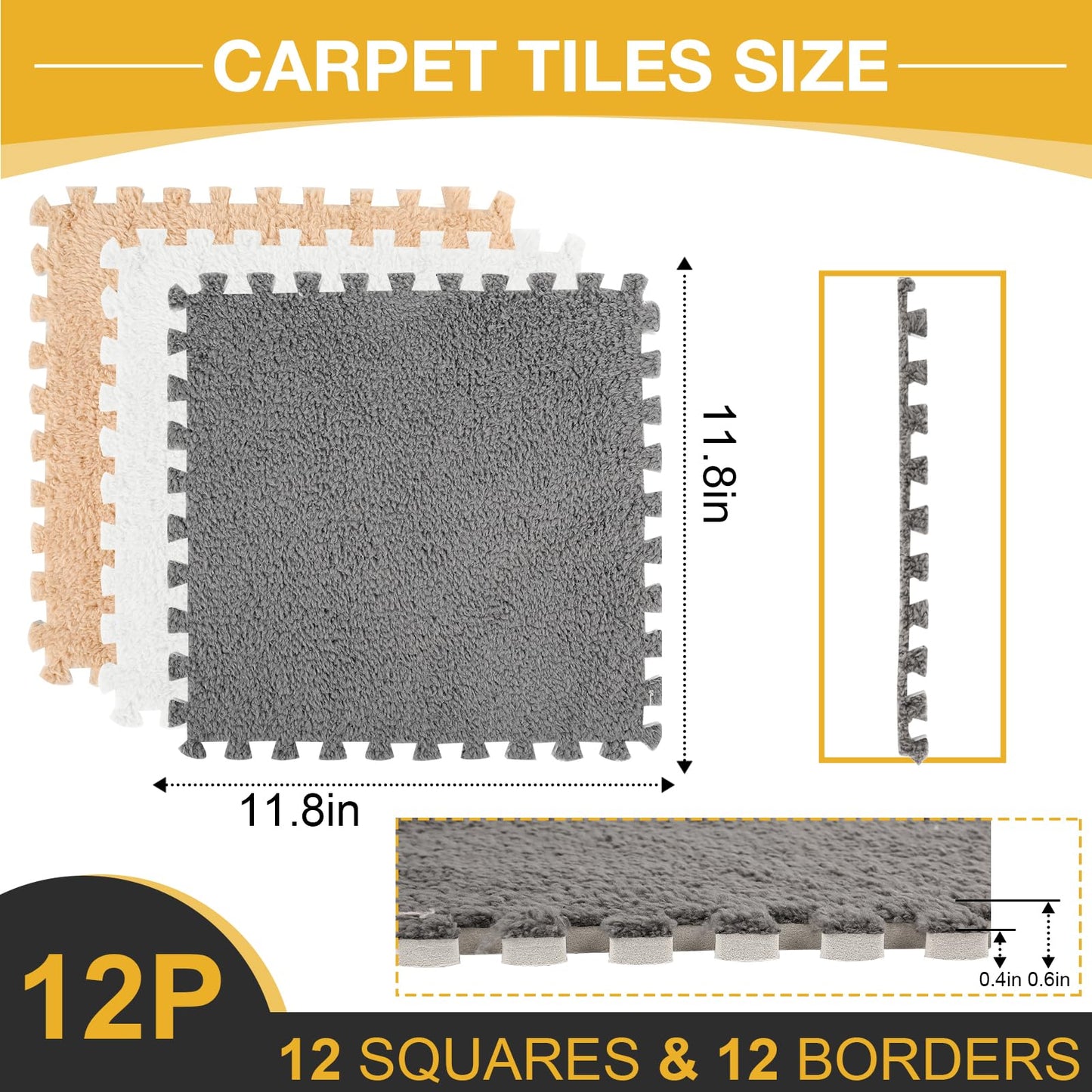 ZENOWICK 12 Pcs Plush Interlocking Carpet Tiles – Non-Toxic EVA Foam for Nursery, Anti-Slip, Soft Velvet