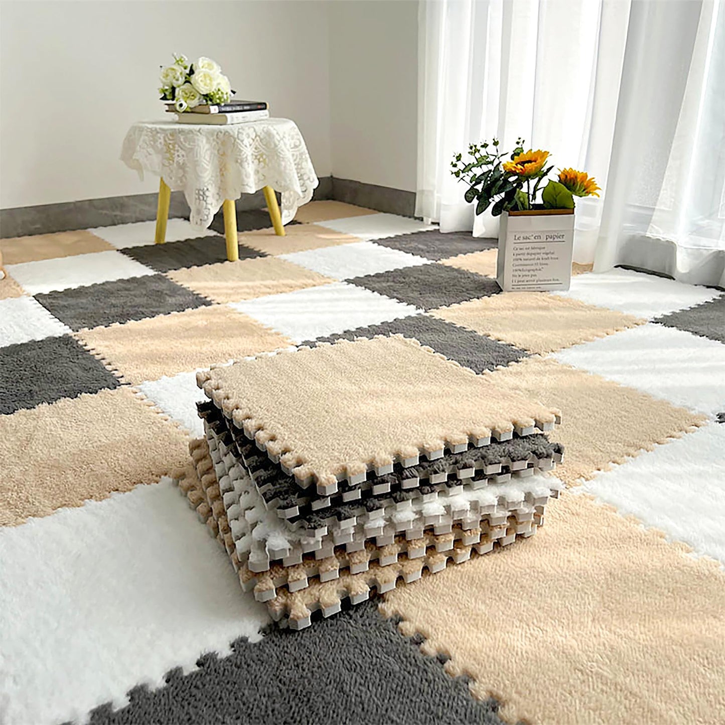 ZENOWICK 12 Pcs Plush Interlocking Carpet Tiles – Non-Toxic EVA Foam for Nursery, Anti-Slip, Soft Velvet