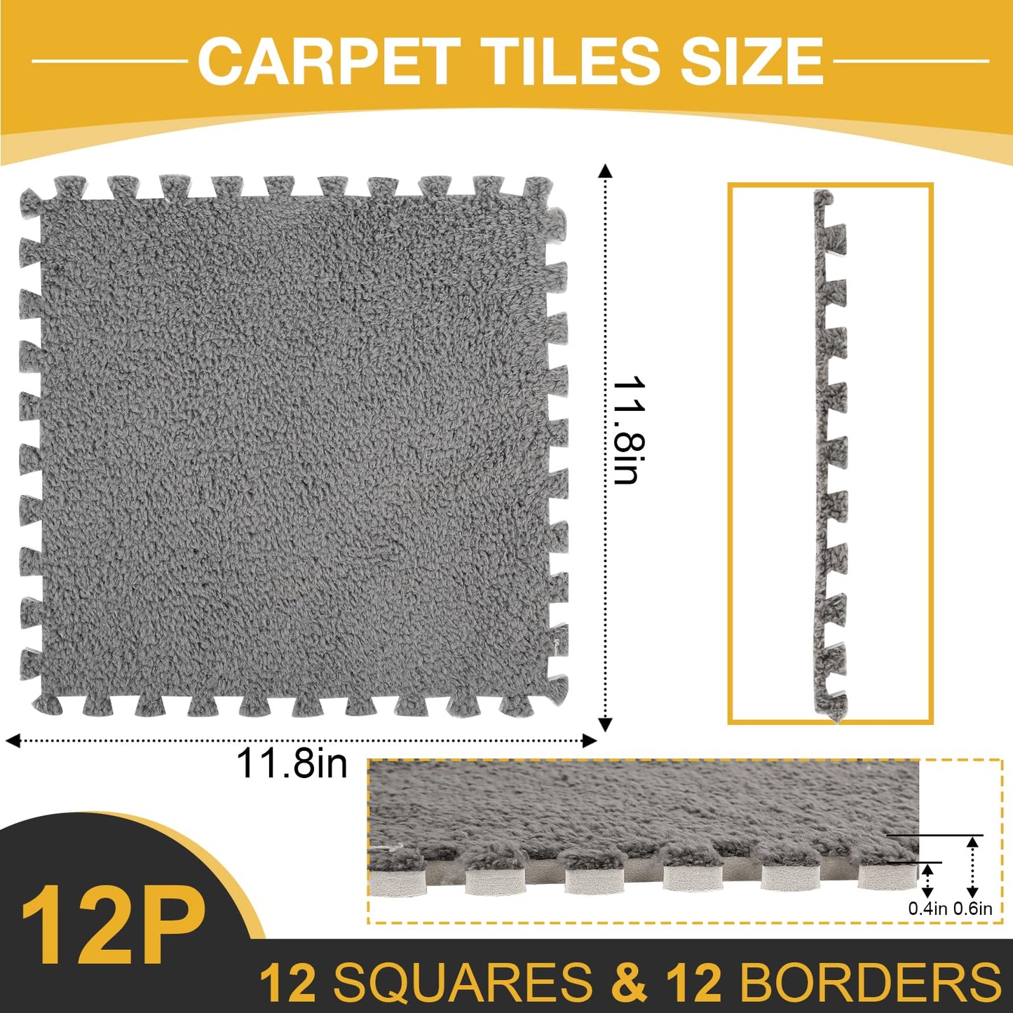 ZENOWICK 12 Pcs Plush Interlocking Carpet Tiles – Safe EVA Foam Flooring for Nursery & Playroom (Gray)