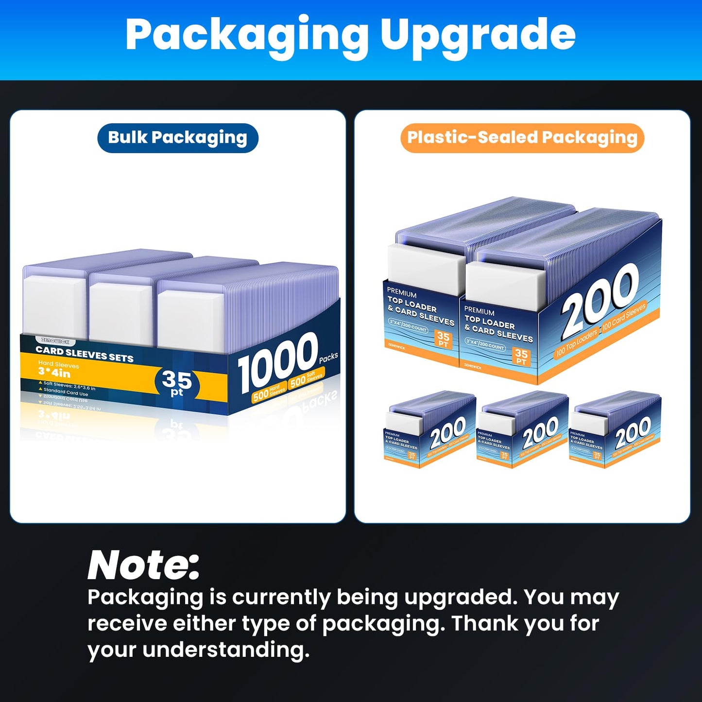 ZENOWICK 1000 Card Sleeves & Top Loaders - 3x4, 500 Top Loaders + 500 Soft Sleeves