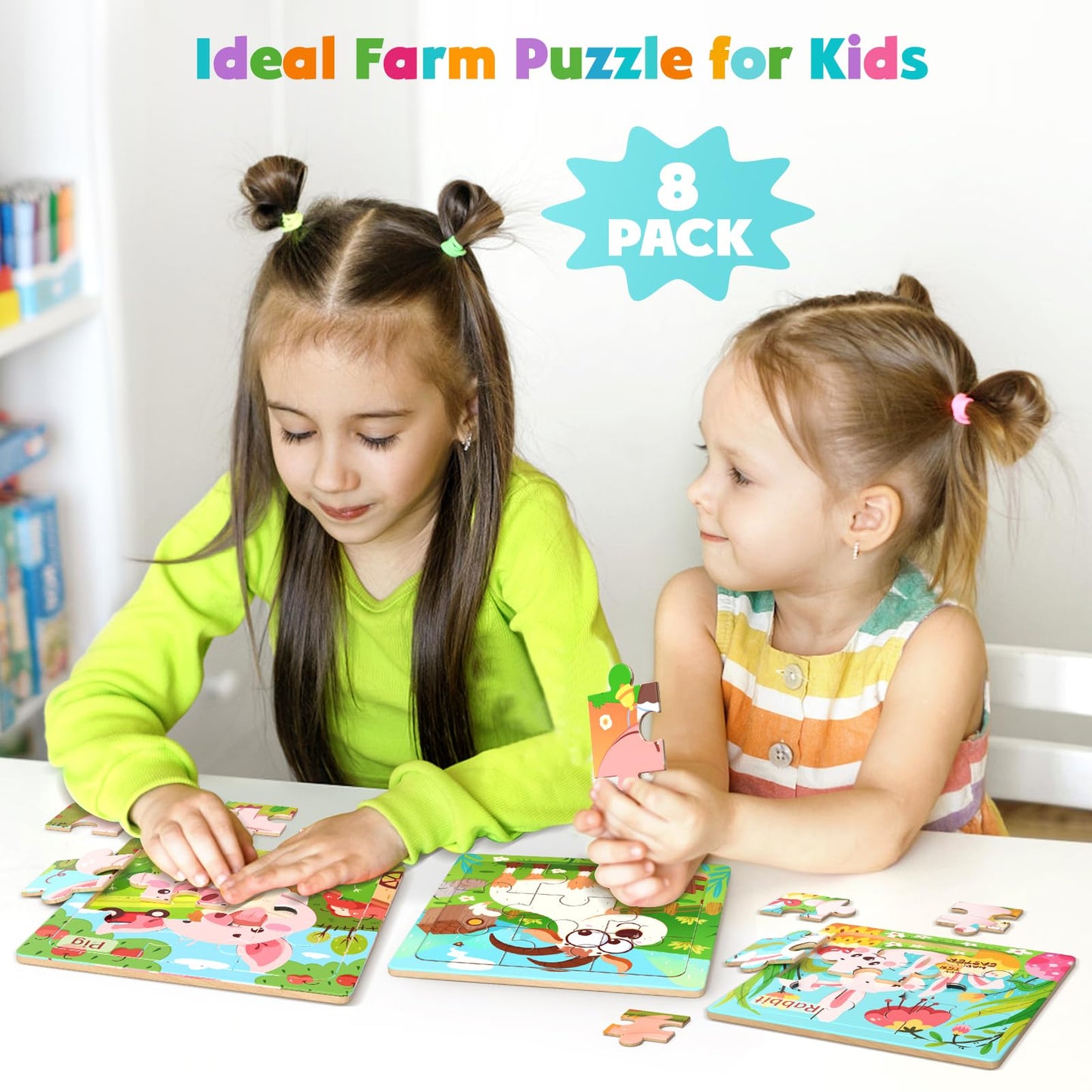 Zeoddler 8-Pack Farm Animal Wooden Puzzles for Toddlers | 9-Piece Montessori Learning Toy