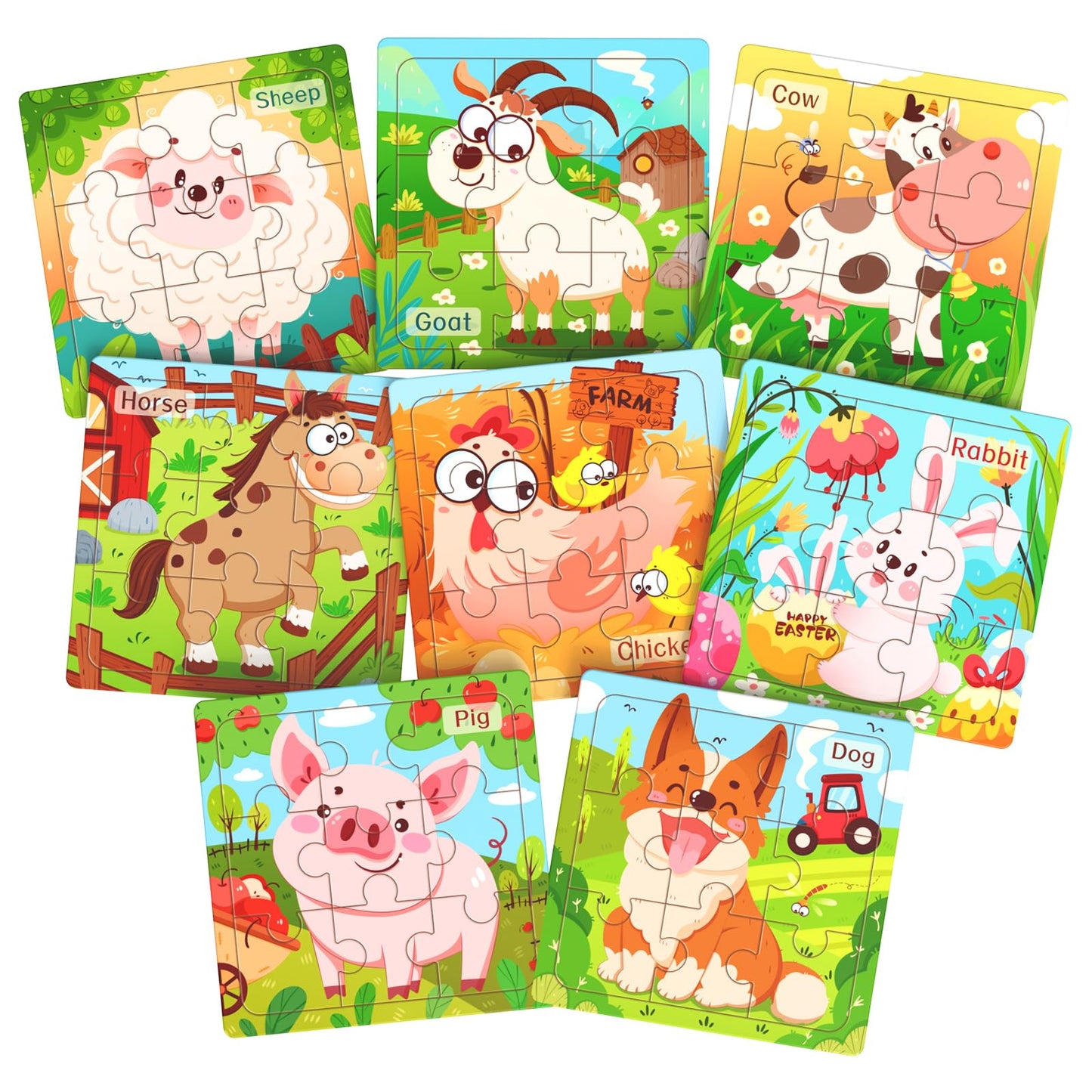 Zeoddler 8-Pack Farm Animal Wooden Puzzles for Toddlers | 9-Piece Montessori Learning Toy