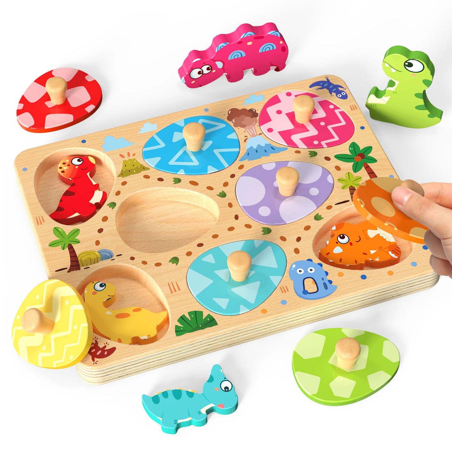 Zeoddler 8-Piece Dinosaur Egg Puzzle for Toddlers | Montessori Wooden Toys