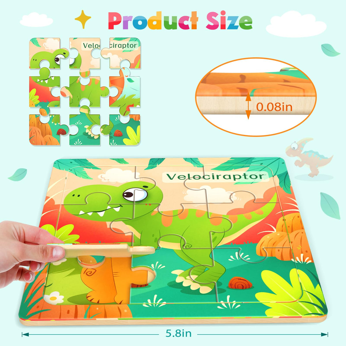 Zeoddler Wooden Dinosaur Puzzles – 8-Pack, 9-Piece Montessori Toddler Toys | Educational Puzzles for Kids