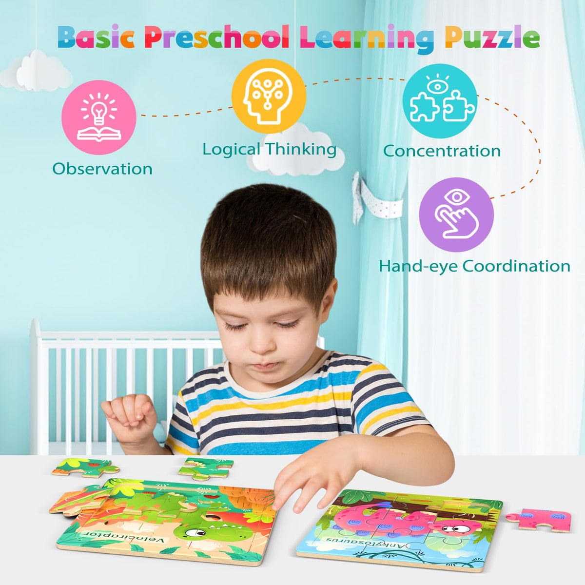 Zeoddler Wooden Dinosaur Puzzles – 8-Pack, 9-Piece Montessori Toddler Toys | Educational Puzzles for Kids