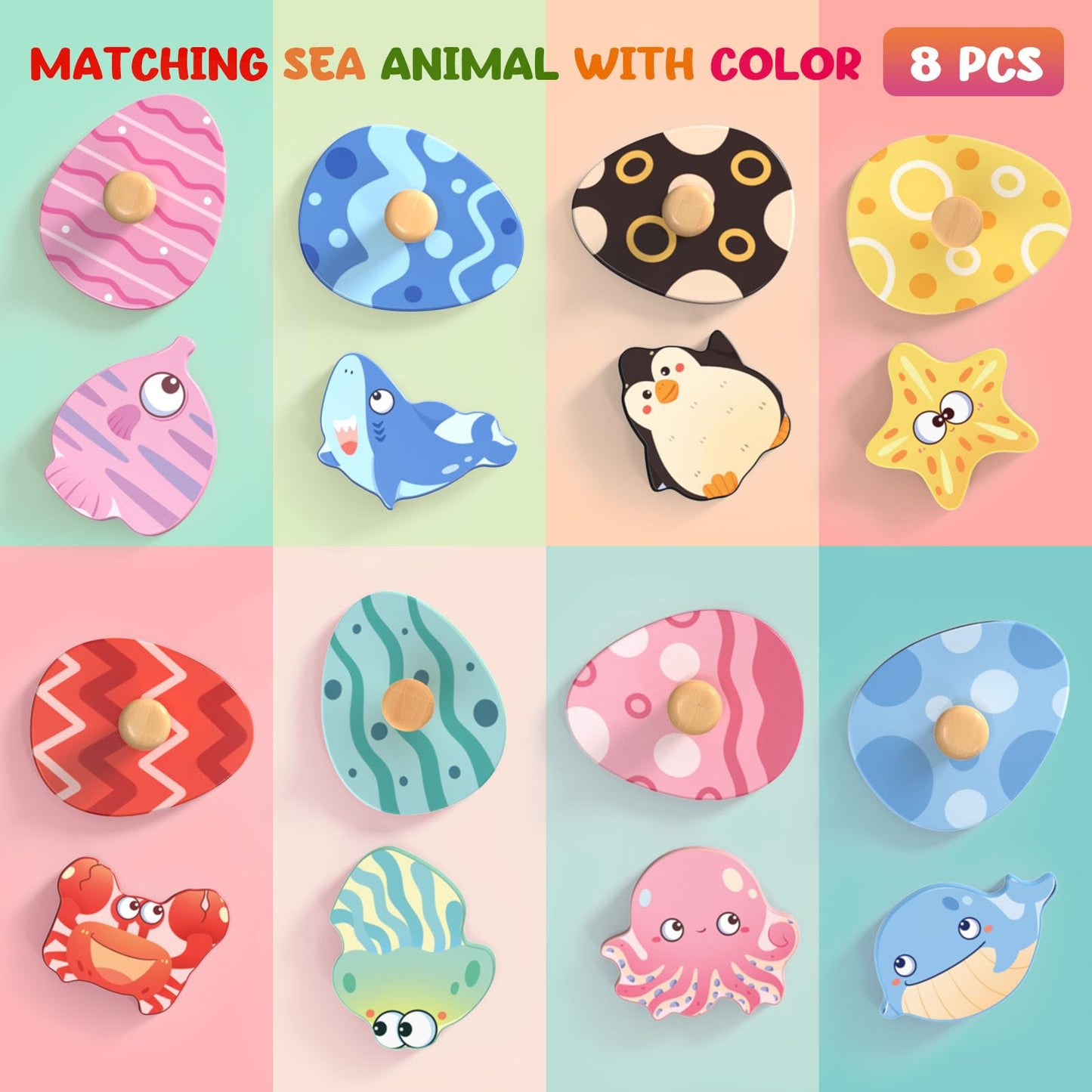 Zeoddler Wooden Sea Animal Egg Puzzles – 8-Piece Montessori Toddler Toy