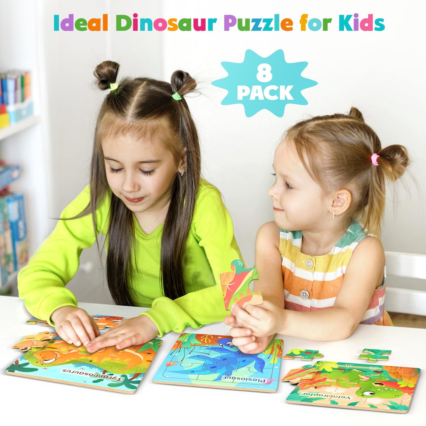 Zeoddler Wooden Dinosaur Puzzles – 8-Pack, 9-Piece Montessori Toddler Toys | Educational Puzzles for Kids