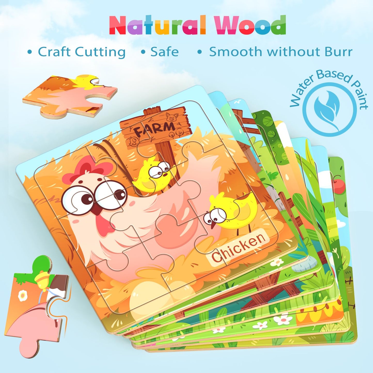 Zeoddler 8-Pack Farm Animal Wooden Puzzles for Toddlers | 9-Piece Montessori Learning Toy