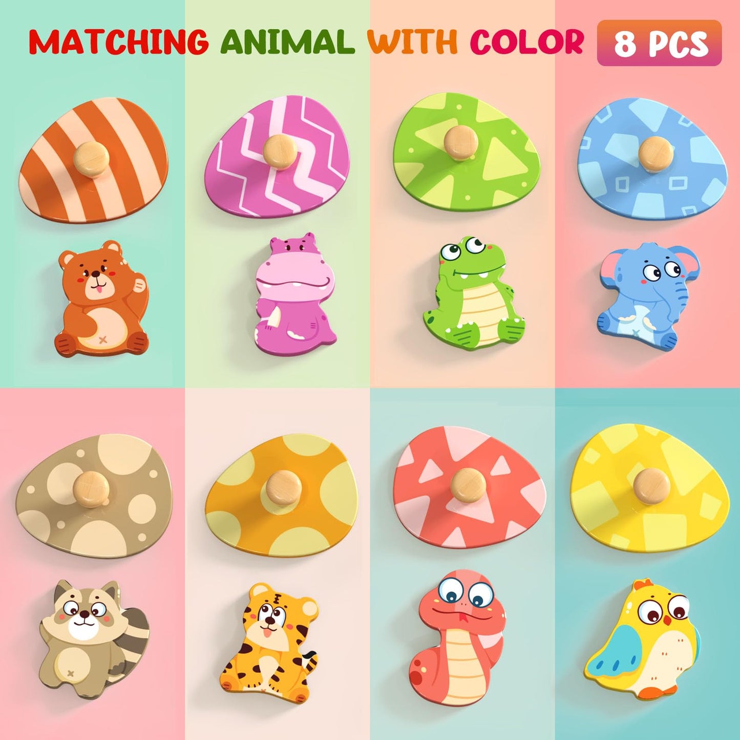 Zeoddler Wooden Puzzles for Toddlers – 8 Pcs Animal Egg Matching Montessori Toys