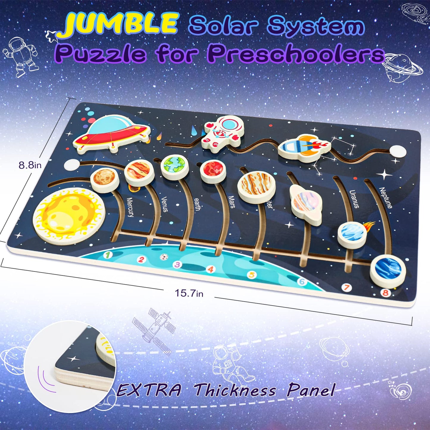 Zeoddler Movable Solar System Puzzle for Kids 3-6 | Wooden Space Toys