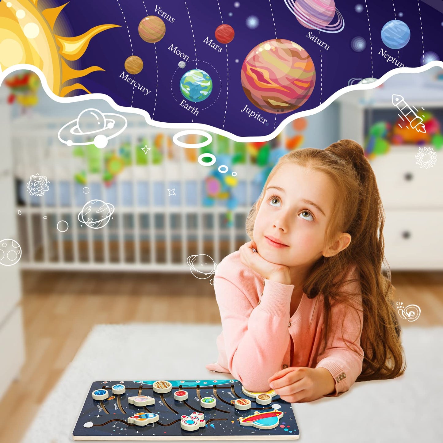 Zeoddler Movable Solar System Puzzle for Kids 3-6 | Wooden Space Toys
