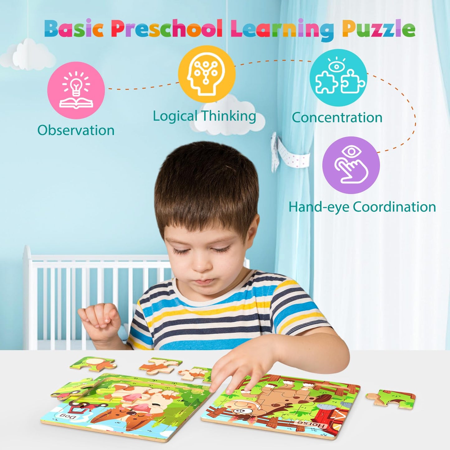 Zeoddler 8-Pack Farm Animal Wooden Puzzles for Toddlers | 9-Piece Montessori Learning Toy