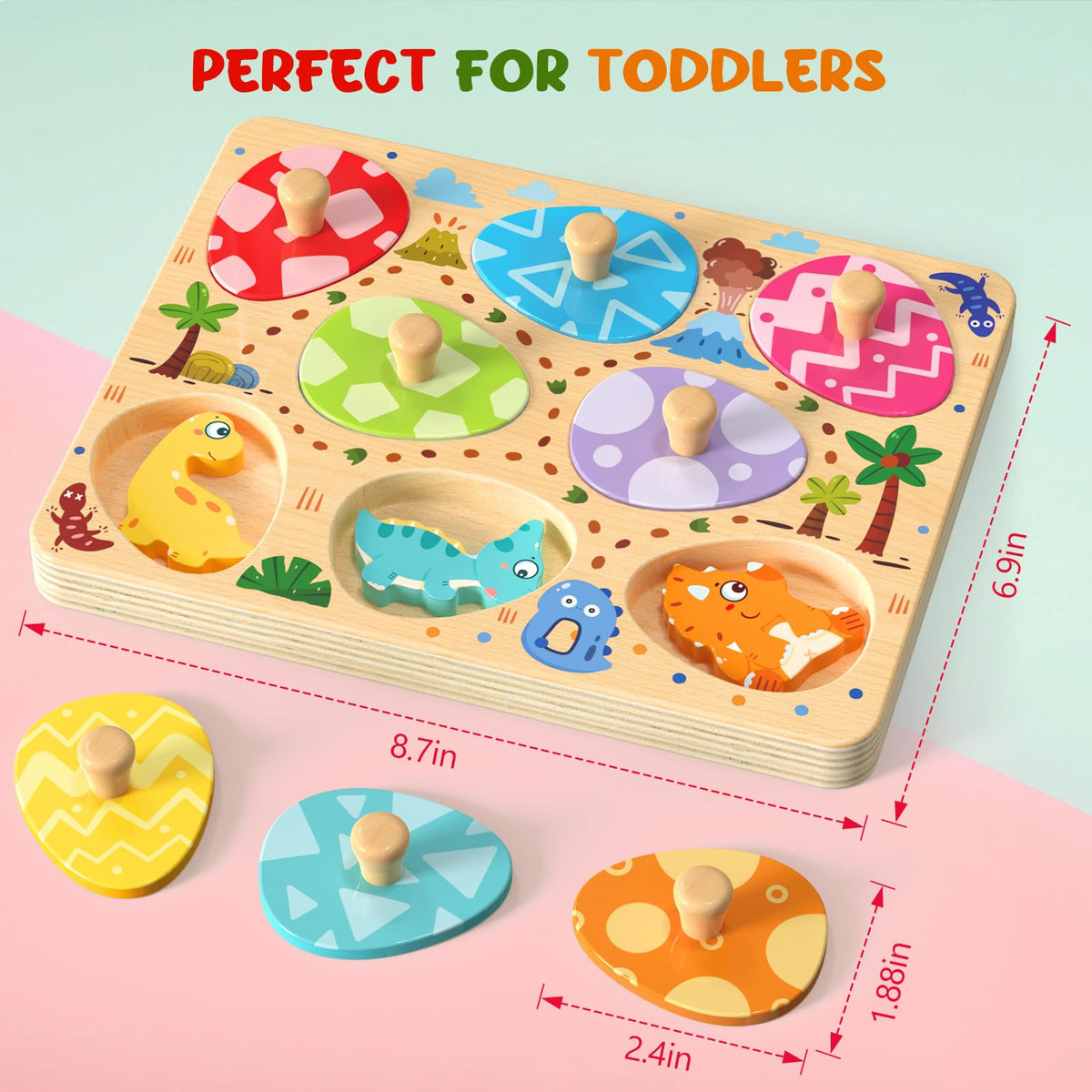 Zeoddler 8-Piece Dinosaur Egg Puzzle for Toddlers | Montessori Wooden Toys