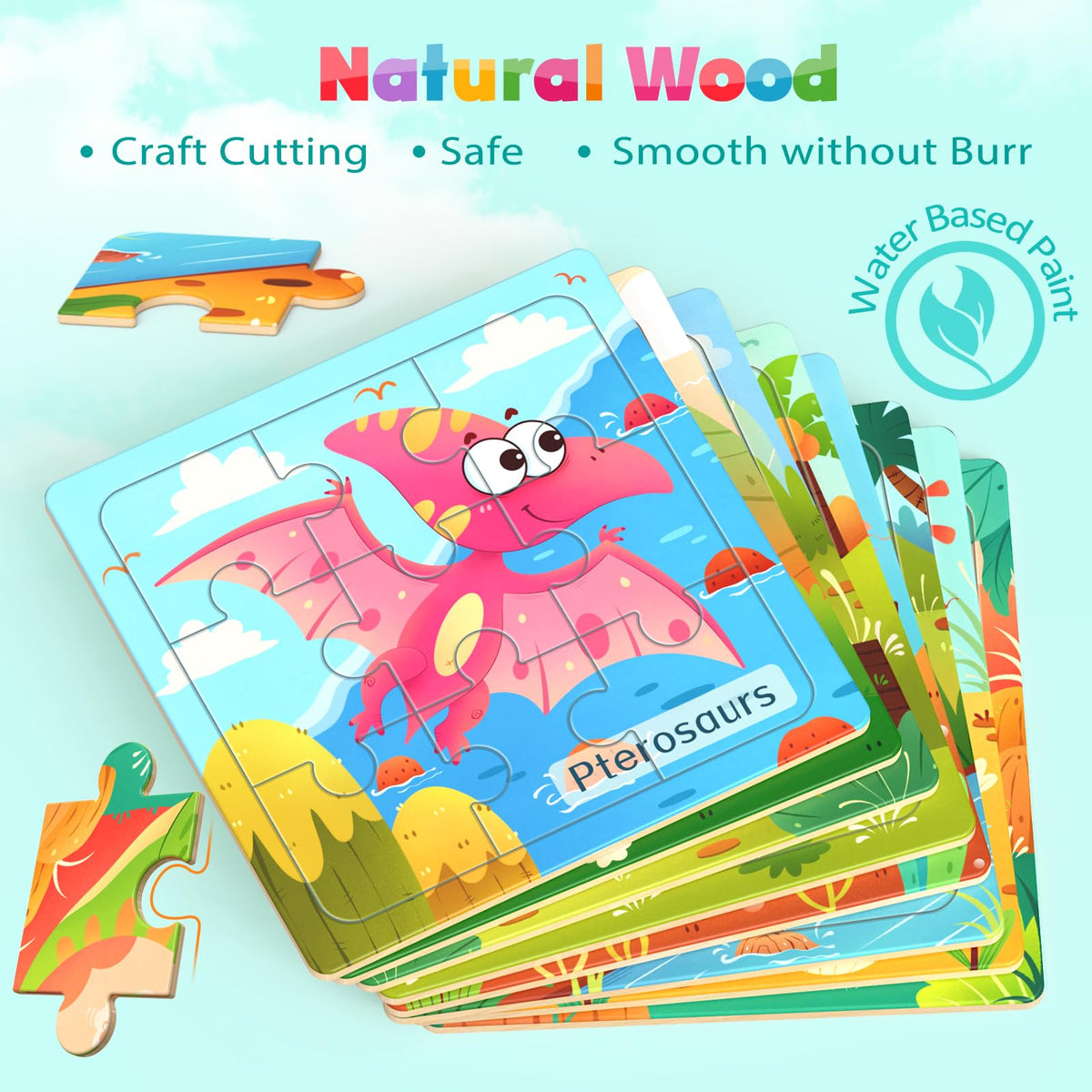 Zeoddler Wooden Dinosaur Puzzles – 8-Pack, 9-Piece Montessori Toddler Toys | Educational Puzzles for Kids
