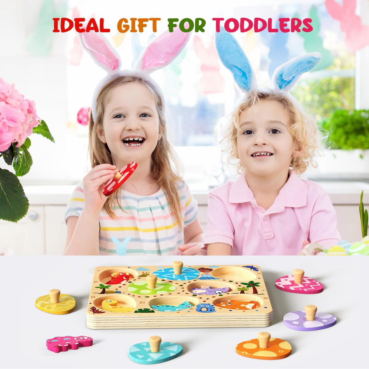 Zeoddler 8-Piece Dinosaur Egg Puzzle for Toddlers | Montessori Wooden Toys