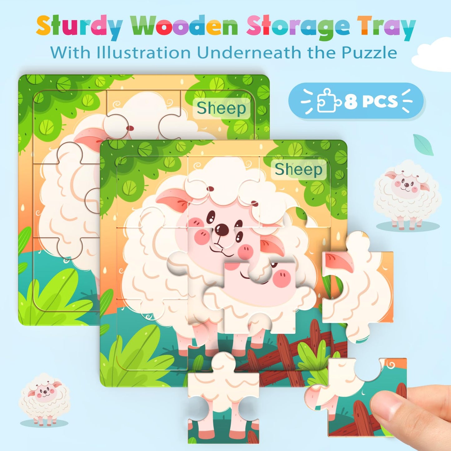 Zeoddler 8-Pack Farm Animal Wooden Puzzles for Toddlers | 9-Piece Montessori Learning Toy