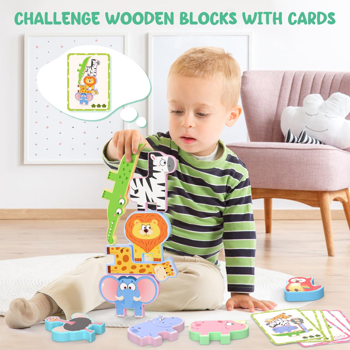 Zeoddler Montessori Animal Stacking Blocks – 10-Piece Wooden Toy Set for Toddlers