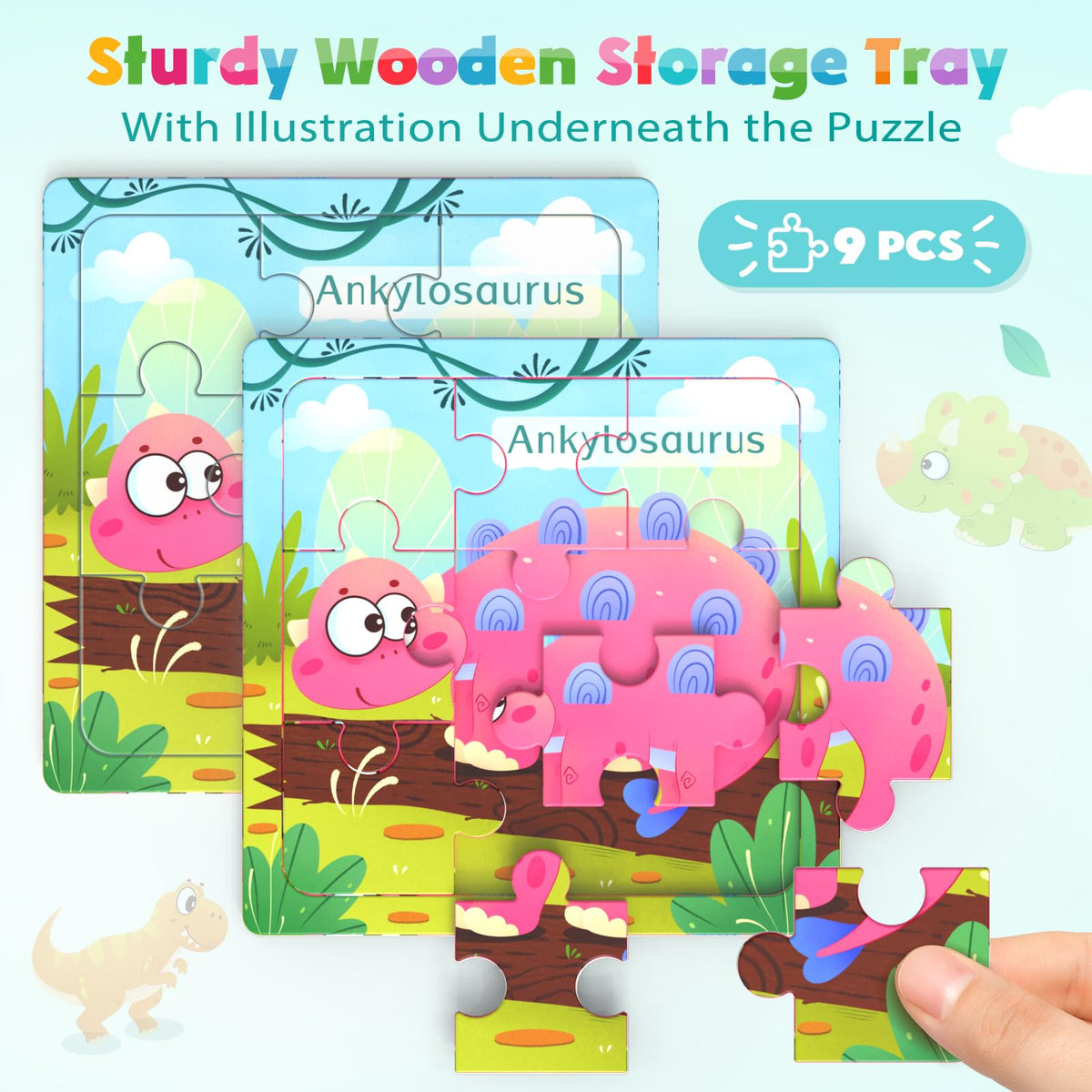 Zeoddler Wooden Dinosaur Puzzles – 8-Pack, 9-Piece Montessori Toddler Toys | Educational Puzzles for Kids