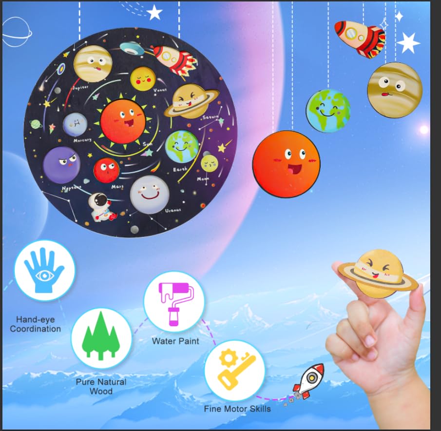 Zeoddler Upgrated Solar System Puzzle – Wooden Space Toys for 3-6 Years | Preschool Learning