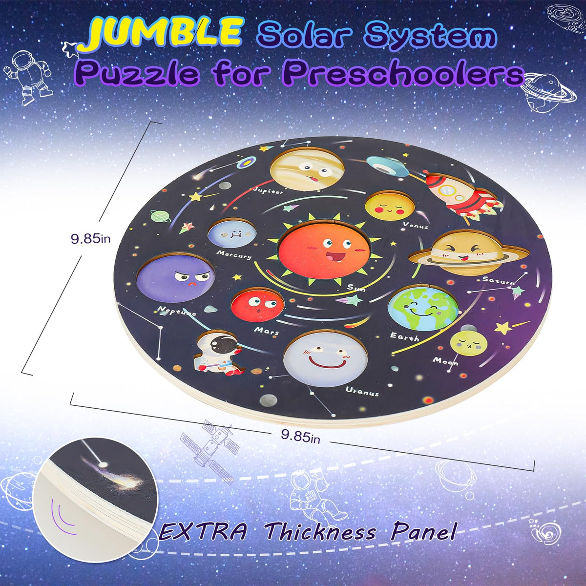 Zeoddler Upgrated Solar System Puzzle – Wooden Space Toys for 3-6 Years | Preschool Learning