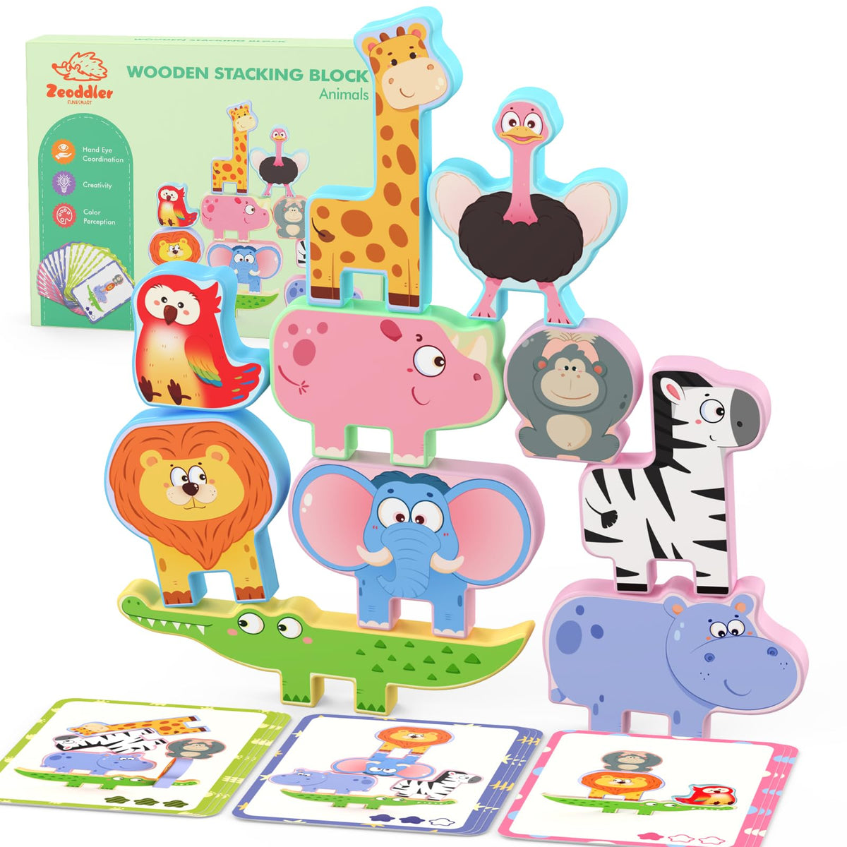 Zeoddler Montessori Animal Stacking Blocks – 10-Piece Wooden Toy Set for Toddlers