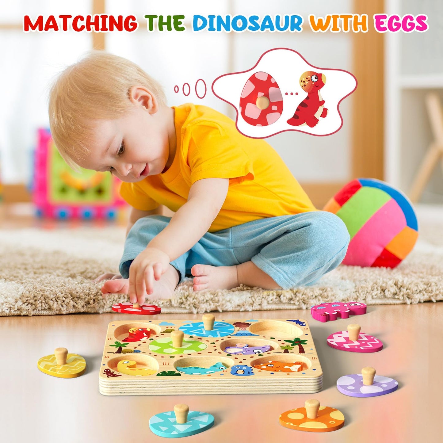 Zeoddler 8-Piece Dinosaur Egg Puzzle for Toddlers | Montessori Wooden Toys