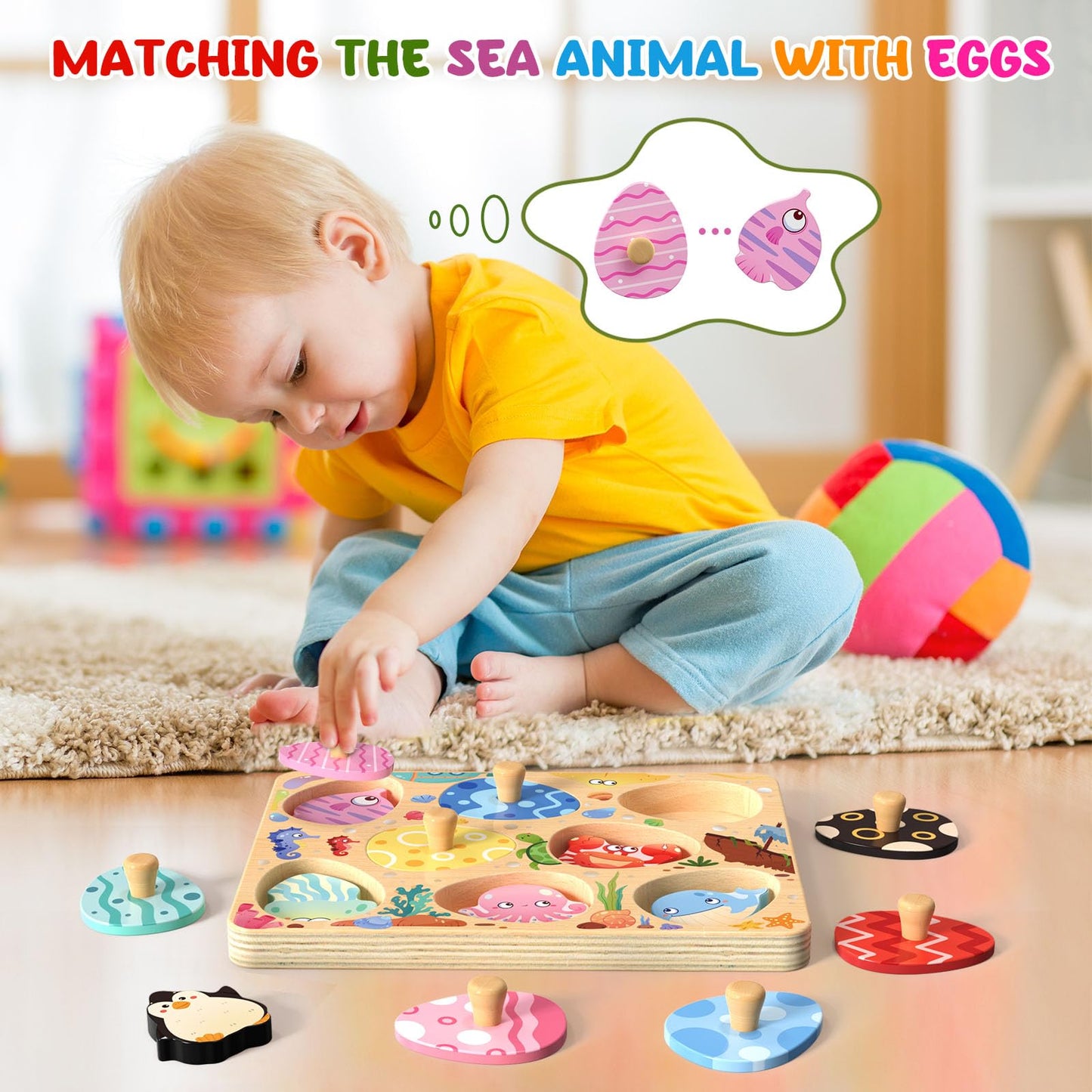Zeoddler Wooden Sea Animal Egg Puzzles – 8-Piece Montessori Toddler Toy