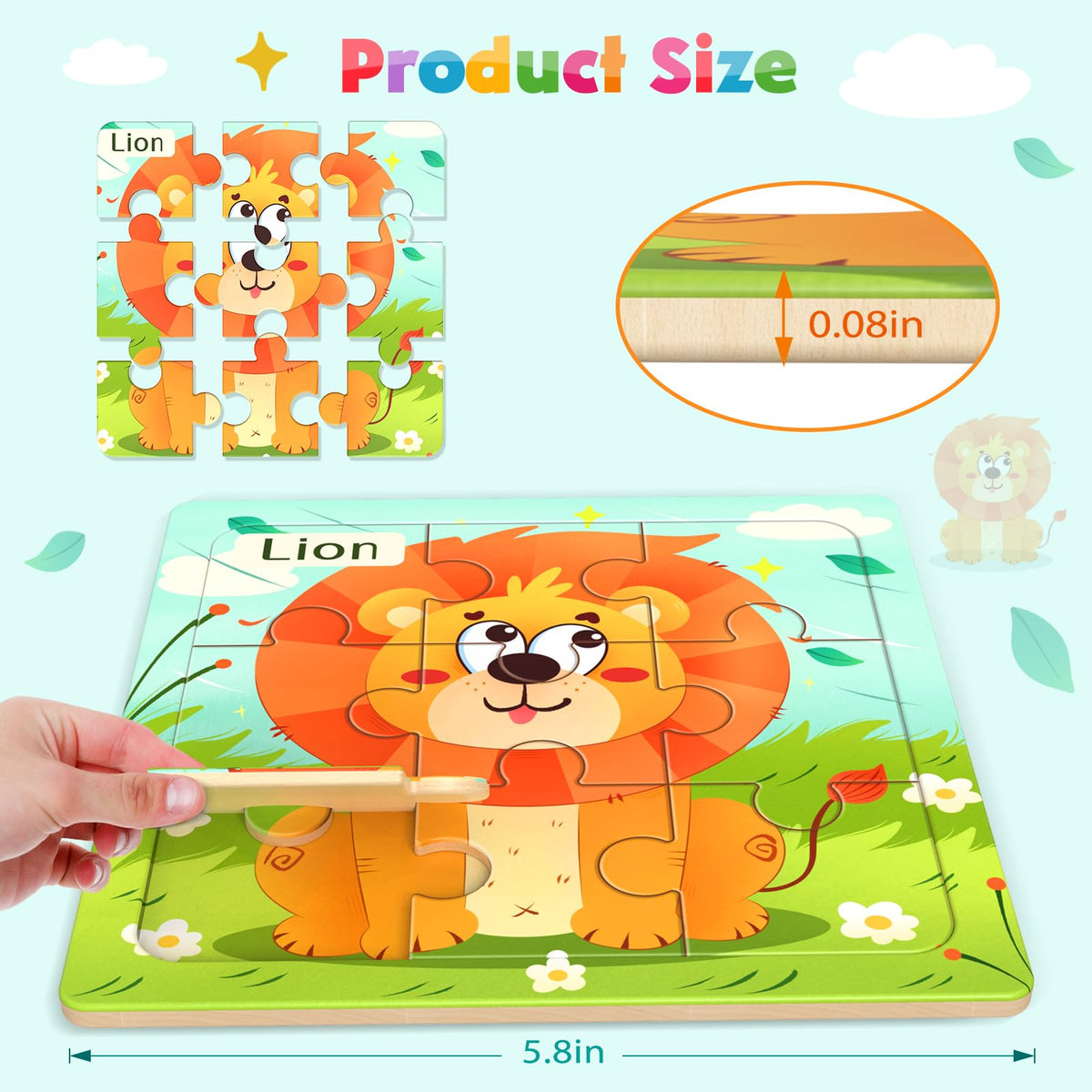 Zeoddler Wooden Puzzles for Toddlers — 8 Animal Jigsaws (9-Piece), Preschool Learning Toys