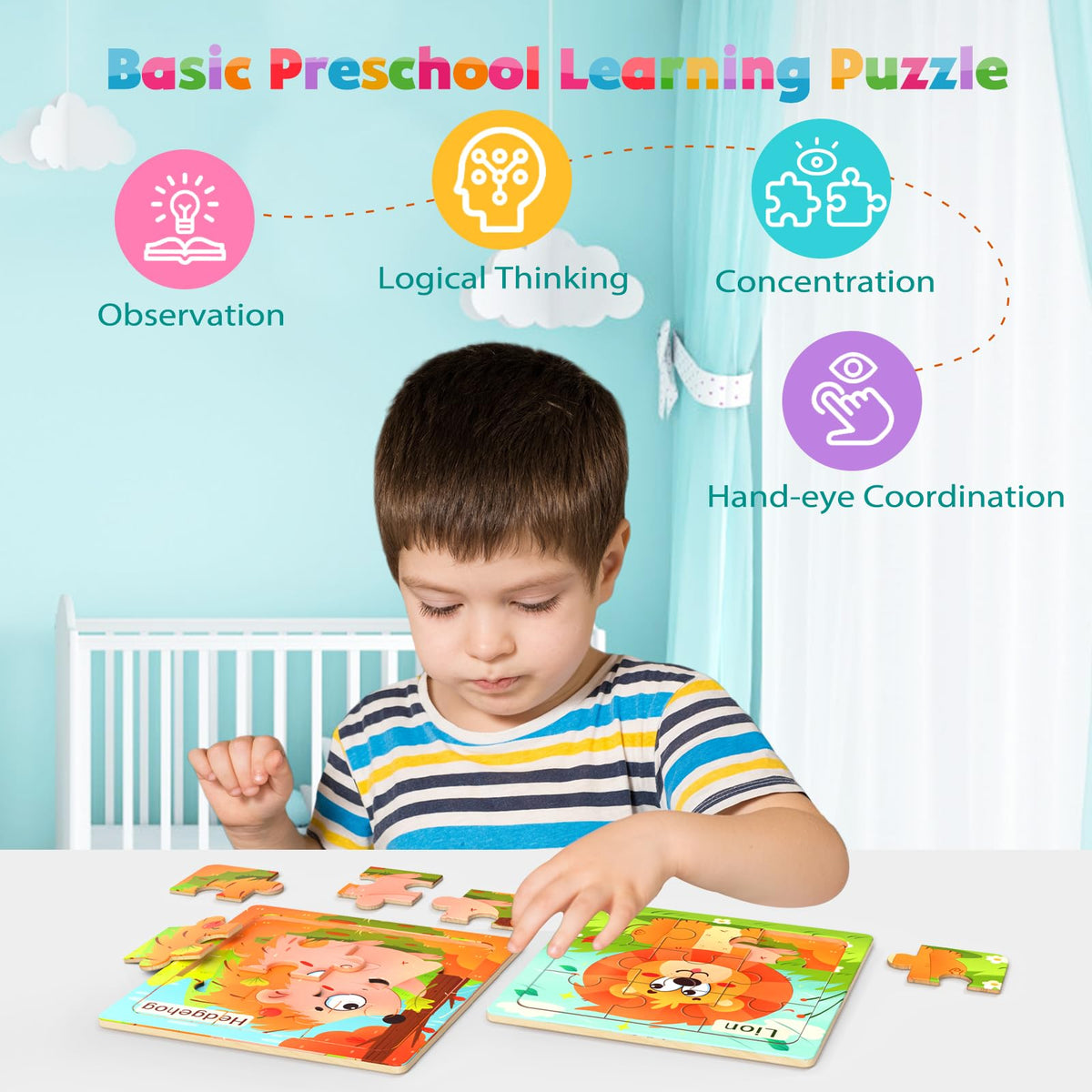 Zeoddler Wooden Puzzles for Toddlers — 8 Animal Jigsaws (9-Piece), Preschool Learning Toys
