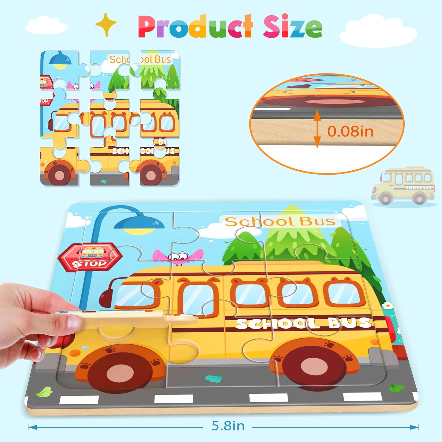 Zeoddler Wooden Vehicle Puzzles – 8-Pack for Toddlers (3-5) | Montessori Learning Toys